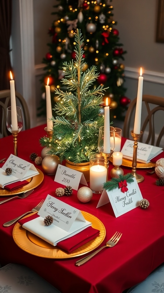 A romantic Christmas table setting for couples with red and gold decorations, candles, and a small Christmas tree centerpiece.